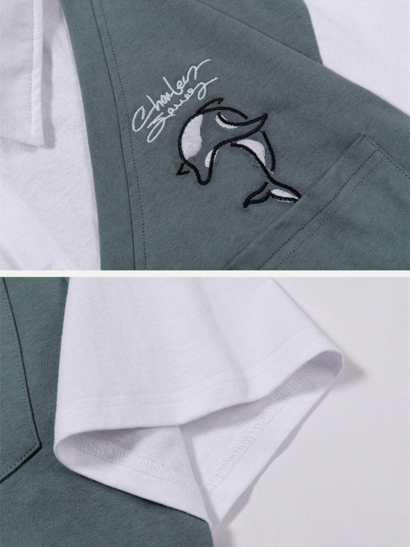 Grise  T Shirts Aelfric Eden Whale Embroidery Patchwork Polo Tee - QIY-3585894